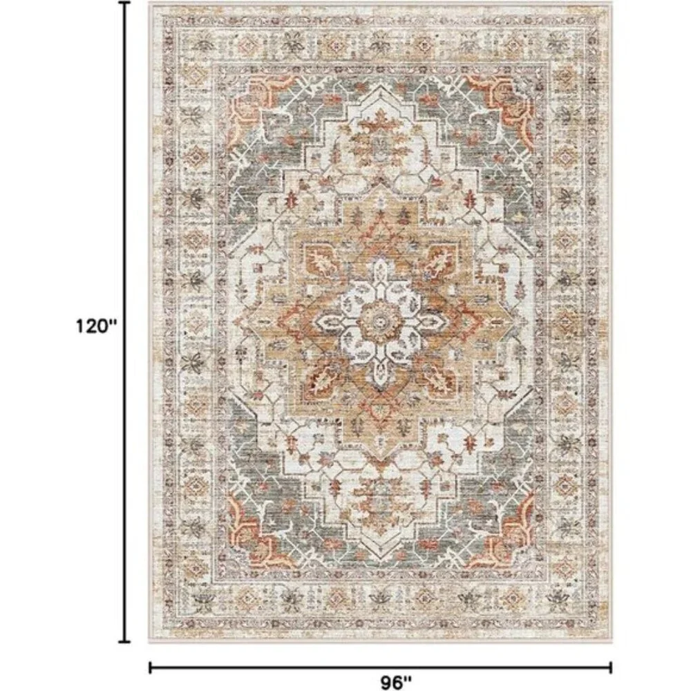 New 8x10 Washable Area Rug, Soft Vintage Non-Slip Carpet in Turmeric & Grey